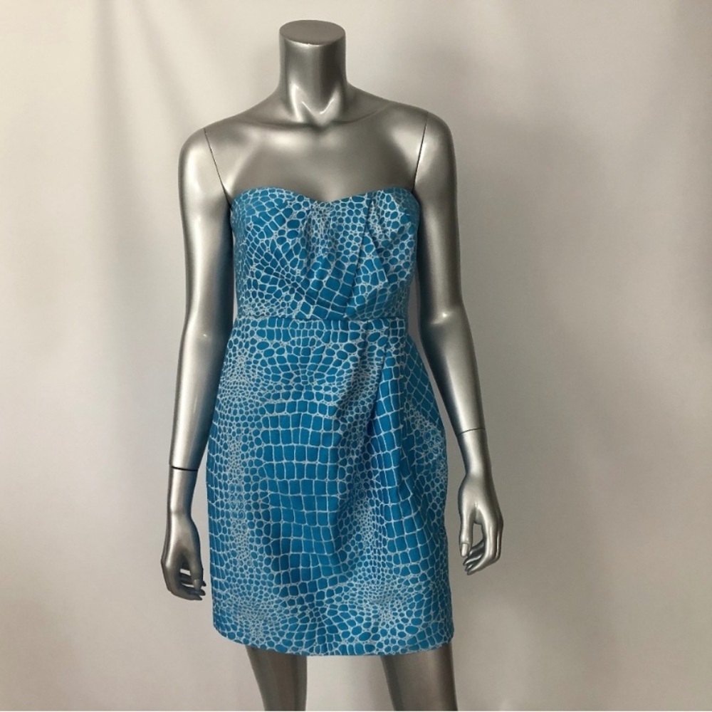 Tibi Dress 8 Blue Animal Print Textured Strapless